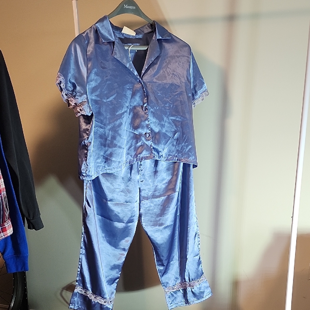 Silk & Satin Blue Satin Pajama Set Two Piece Sleepwear